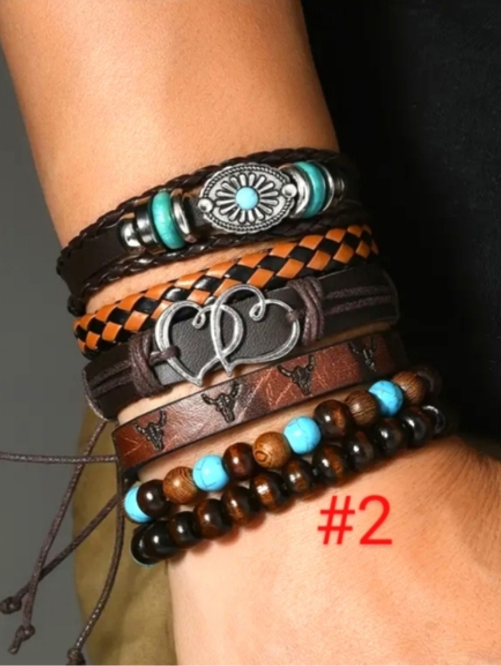 Bohemian Bracelets Brown Turquoise Silvery 6-piece  Set Hippie Style Jewelry - Picture 3 of 10